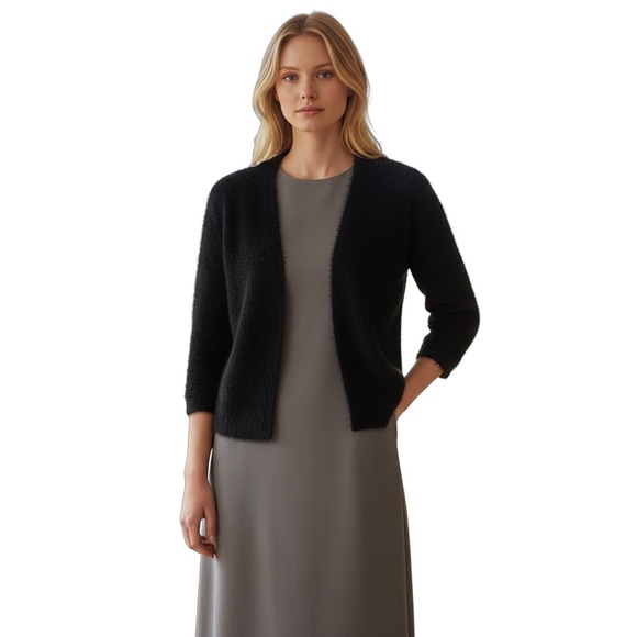 J.McLaughlin Nisa Black Fuzzy Cardigan Sweater Open‎ Front 3/4 Sleeve Small - Picture 2 of 9
